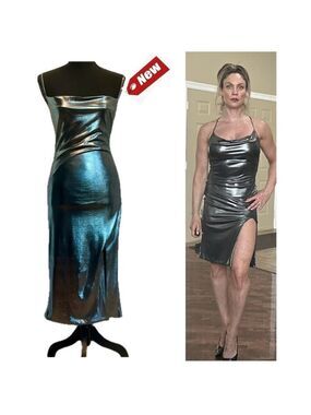 Kali Fashion silver chrome metallic foil spaghetti strap open back bodycon dress